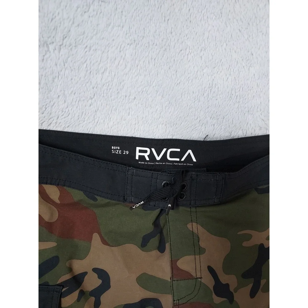 Rvca Board Shorts Boys Size 29 Camo Camouflage Swim Trunks Green Sufing Beach